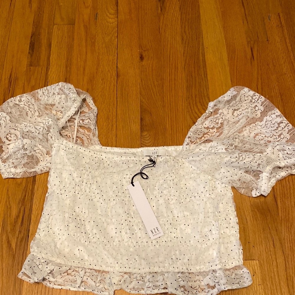 Sheer puff sleeves White without black polkadots and sheer lace size Large